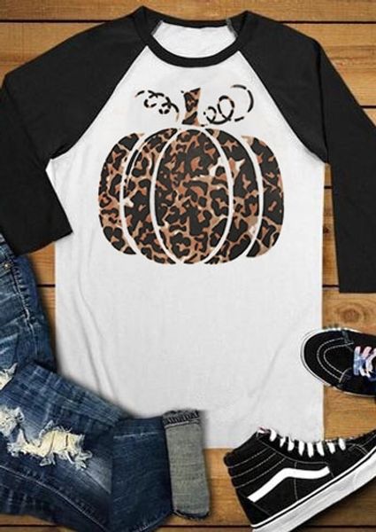 

women halloween leopard pumpkin print white stitching female raglan long sleeve casual t-shirt graphic tee plus size new