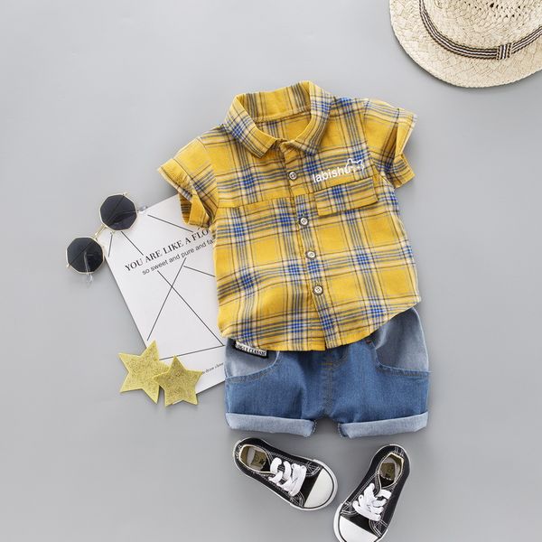 

kids baby boy plaid shirt jeans summer clothing set short sleeve cotton suit children clothing boys outfit 1 2 3 4 years, White