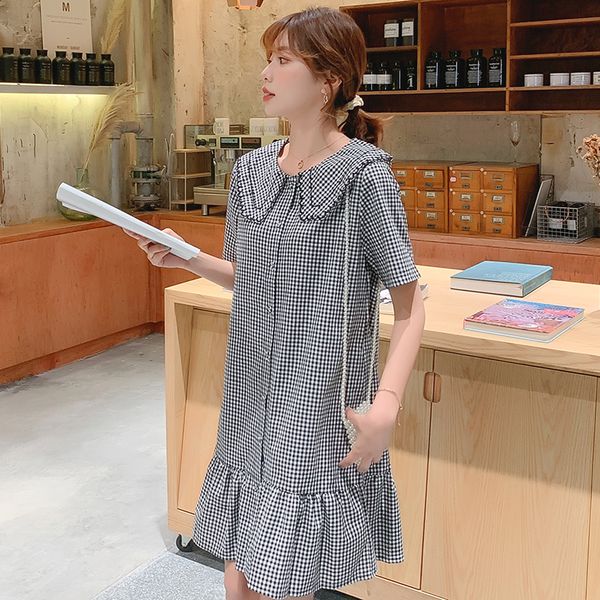 

2020 maternity short-sleeved summer cotton and linen dress short sleeve turn-down collar preppy style pregnant women plaid dress, White