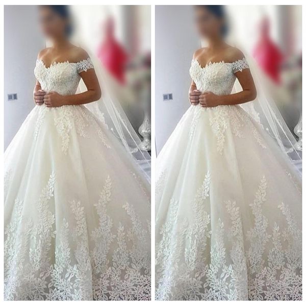 

ball gown sweetheart plus size african wedding dresses lace applique off shoulder wedding gowns bling long train 2019 vestidos de noiv, White
