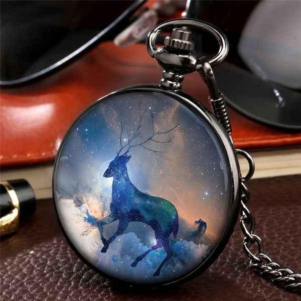 

fashion customized watches black full hunter smooth case snake/bull/elk/alchemy design quartz pocket watch pendant chain, Slivery;golden