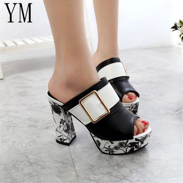 

3color fashion summer women elegant buckle high heel sandals peep toe platform shoes chunky heel shoes lady thick heel 40 t05, Black