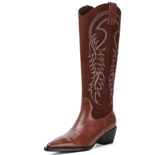 

2020 new womens boots western cowboy boots for women pointy toe cowgirl square heels knee high women shoes, Black