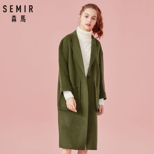 

semir women long wool-blend trench women dropped shoulder coats turn-down collar long sleeve trench winter female coats outwear, Tan;black