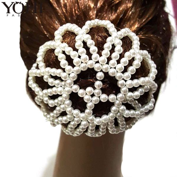 

2018new lady elastic hair net handmade crochet pearl hair snood net ballet bun covers ornament for women without rhinestone