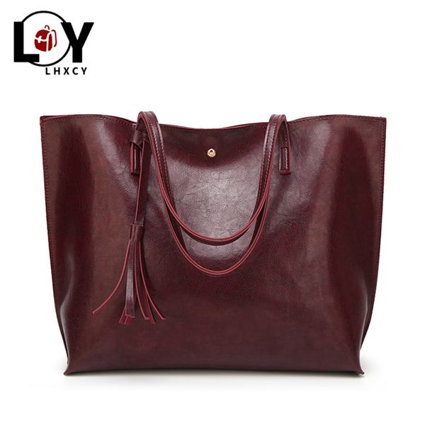 

big capacity tassel hasp oil wax pu leather women tote bag shoulder bag simple handbag