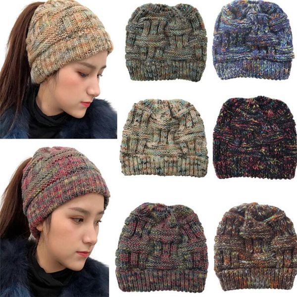 

soft knit ponytail beanie hat women knit messy bun winter cap skullies beanies warm cap fashion knitted woolen crochet hats t307, Blue;gray