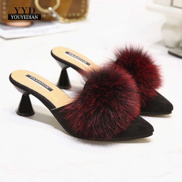 

thin high heels fur slippers for women pointed toe sinlge shoes woman large size lazy shoes casual high heeled slippers #1-2, Black
