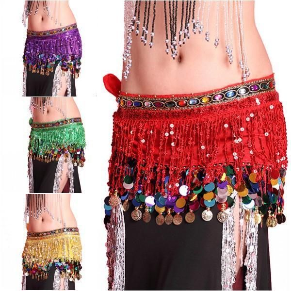 

stage wear multi color chiffon belly dance hip scarf coin sequin belt skirt tassel wrap super girl, Black;red
