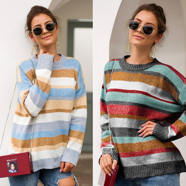 

design sweater long - the new 2019 sweater with two-color interlace fleece stripes is lazy and loose, White;black