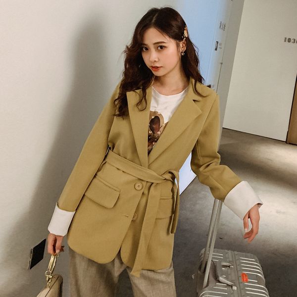 

lanmrem 2019 autumn and winter new casual fashion temperament women jacket loose plus stitching cuff solid color blazer tc635, White;black