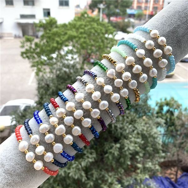 

1 pcs handmade glass beads bracelet freshwater pearls stretchy bracelet for women, Black