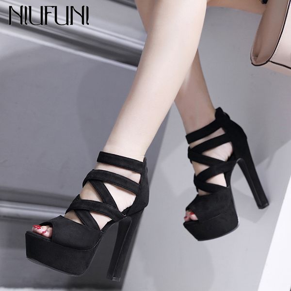 

niufuni 2020 summer women gladiator sandals 14cm thick high heels platform cross strap women sandals peep toe shoes woman t200529, Black