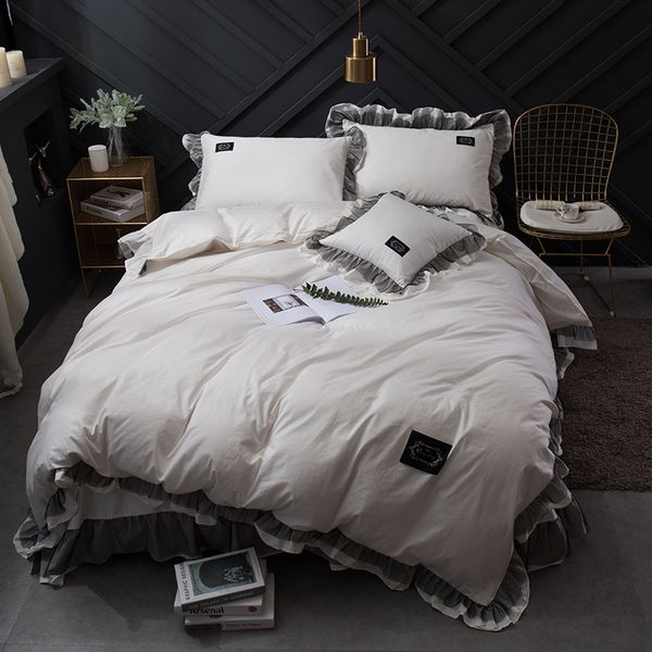 

Luxury Pure White color Black Lace Home cotton Bedding set King Queen Size Princess korean Ruffle Bedskirt Duvetcover Pillowcase