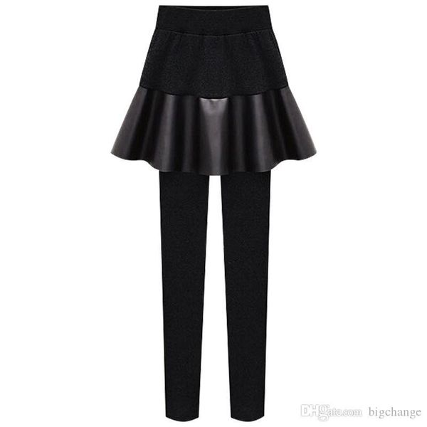 

winter 6xl fake two pieces pu skirt pencil pants skinny women knit velvet elastic waist keep warm pants, Blue