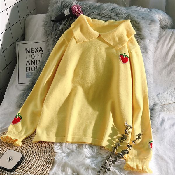 

sweet strawberry fruit turn-down collar knitted sweater pullover kawaii japanese girl, White;black
