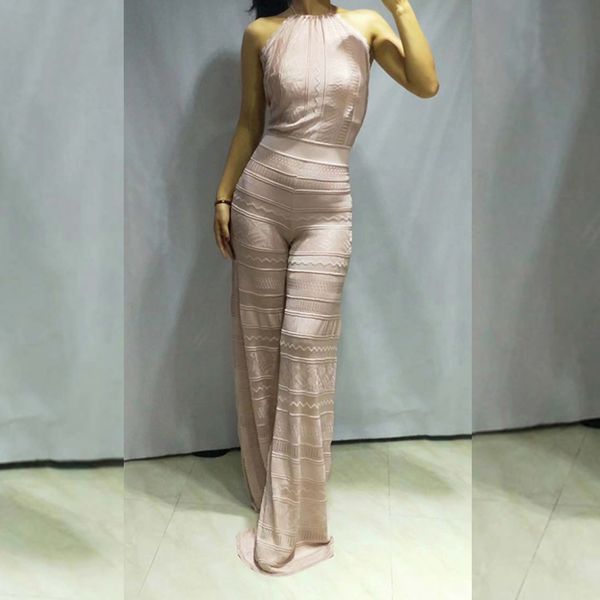 

2019 new fashion selling backless spaghetti strap bandage jumpsuit party jacquard weave wholesale clubwear, Black;white