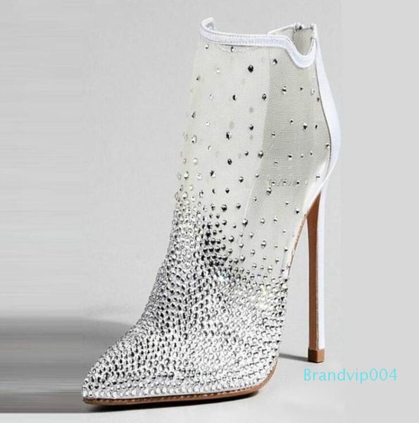 

2019 new women point toe ankle boots glitter diamond booties women air mesh boots party shoes thin heel rhinestone boots, Black