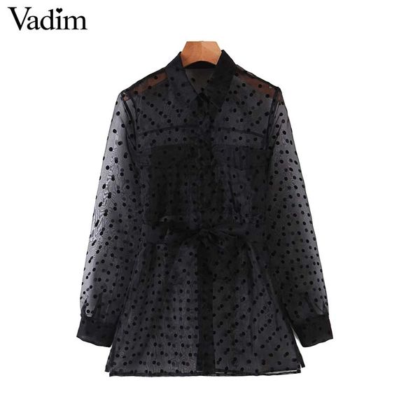 

women's blouses & shirts vadim women organza polka dots blouse long sleeve sashes pockets transparent female see through blusas lb804, White