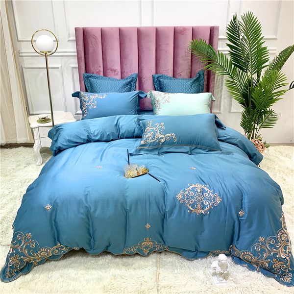 

blue pink green 100s egyptian cotton royal embroidery european bedding set duvet cover bed sheet/linen pillowcases
