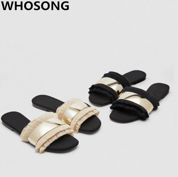 

slippers female 2019 summer new wild fashion wear simple tassels word slippers flat female sandals wholesale, Black
