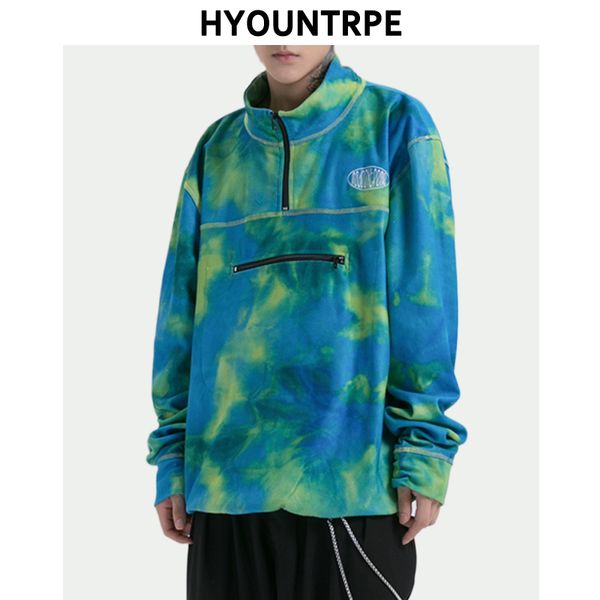 

fashion tie-dyed fleece hoodies autumn long sleeve sweatshirts casual stand collar drawstring pullover hip hop skateboard, Black
