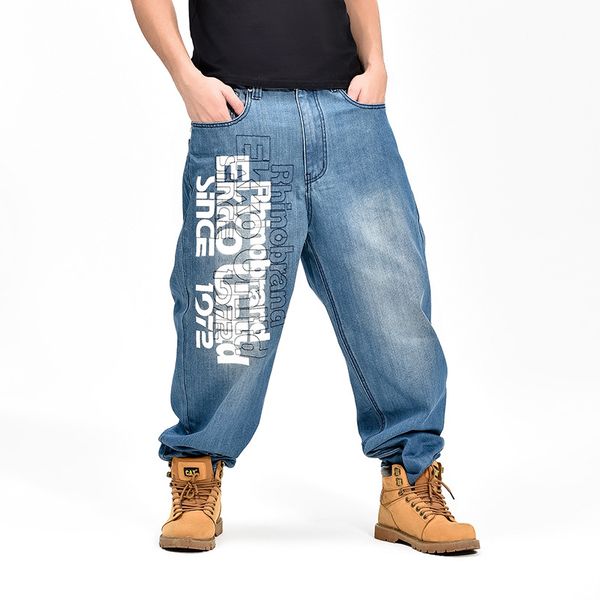 

мужчины wide leg denim свободные брюки hip hop светло-голубые джинсы skateboarder плюс размер мешковатые джинсы для рэпер расслаблены бегуны, Blue