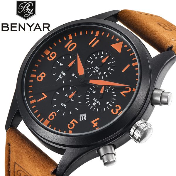 

benyar brand waterproof leather fashion chronograph sports watches pilot series date men's quartz watch clock saat, Slivery;brown