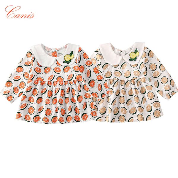 

princess baby girls dress new infant baby girls clothes lemon print tutu dress long sleeve peter pan collar casual dress outfit, Red;yellow