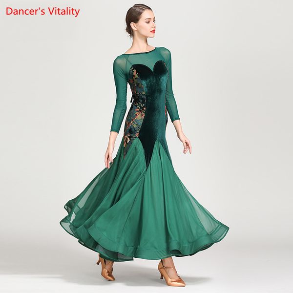 

female ballroom dance dress 2018 women gauze long sleeves big swing dresses ballroom waltz tango dance performance costume, Black;red