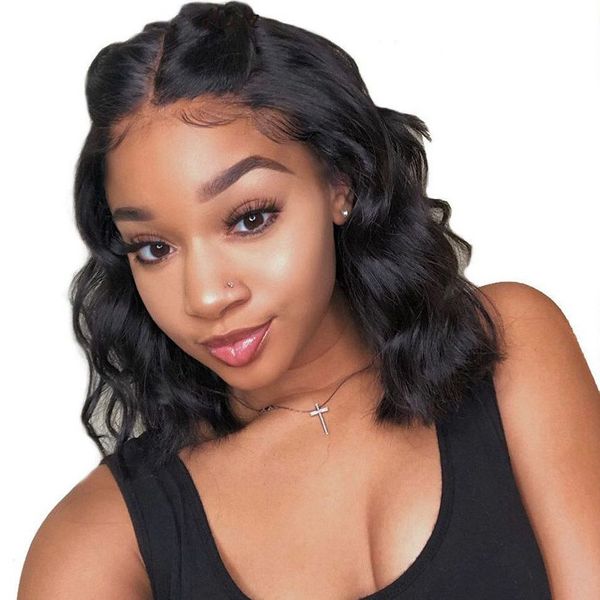 

объемная волна боб парик фронта шнурка человеческих волос парики малазийский волнистый волос девственницы 8-16 дюймов короткие полные парики, Black;brown