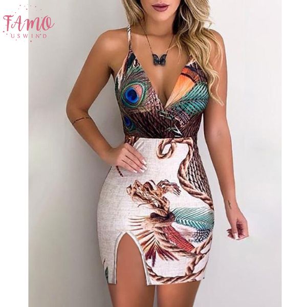 

женщины павлин перо печати бедра щелевая скольжения платье bodycon полые назад мини платье партии летнее платье, Black;gray