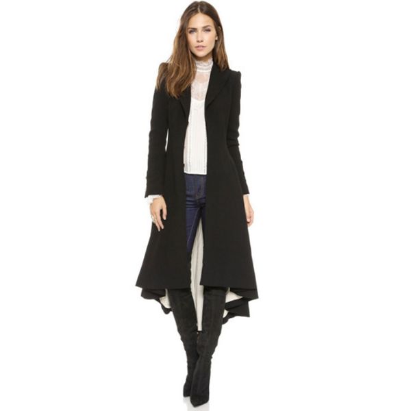 

women winter coat plus size wool cotton long coat solid dovetail vintage open stitch outwear office lady elegant clothes fashion, Black