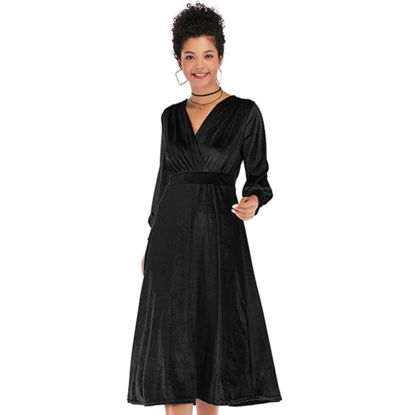 

womens designer solid color cross v-neck dress gold velvet waist skirtsltq, Black;gray