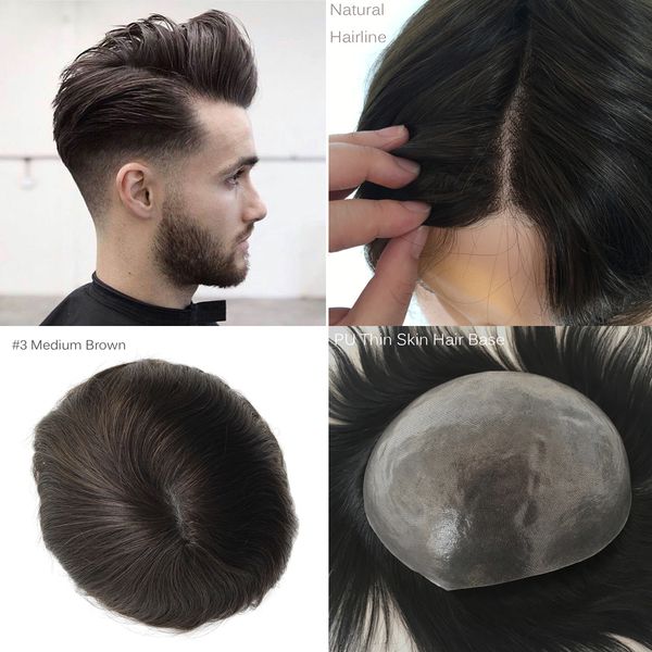 Pu Toupee With Human Hair Natural Skin Base Hair Pieces For Men