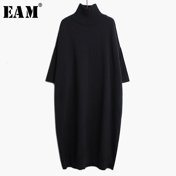 

eam] women black long big size knitting dress new high collar long sleeve loose fit fashion tide spring autumn 2020 1k122, Black;gray