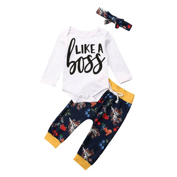 

newborn body suits baby clothing boy spring casual clothes cotton romper floral pants headband 3pcs outfits, Pink;blue