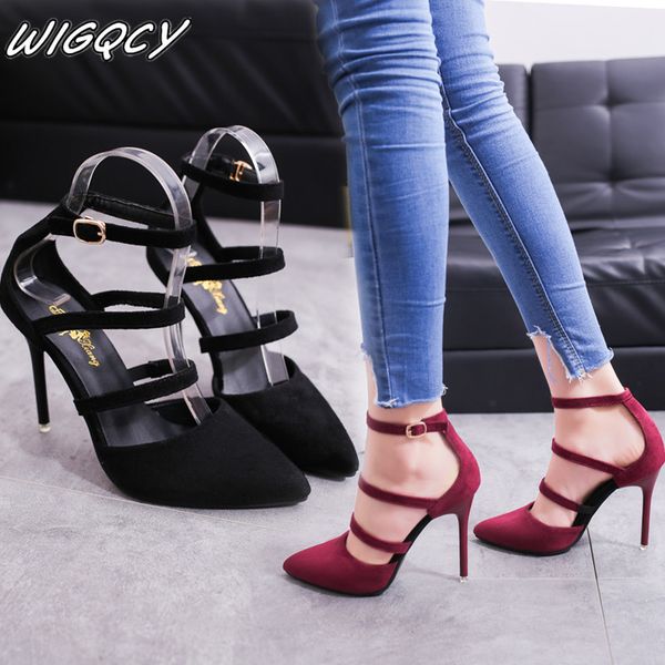 

2019 female high heels pointed high-heeled shoes with thin shallow mouth buckle with women's shoes suede leg banding shoes, Black