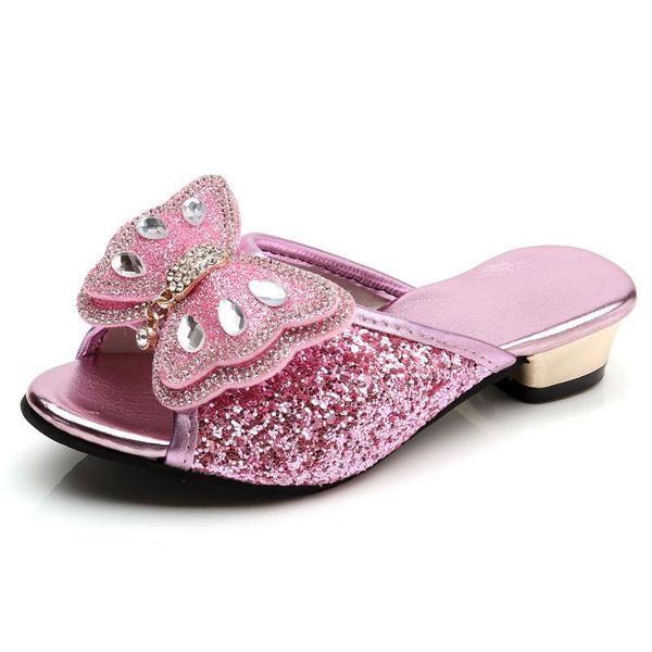 Девушки сандалии принцессы тапочки летние детская обувь мода блестки бабочки девушки высокие каблуки случайные скольжения кожаные детские туфли