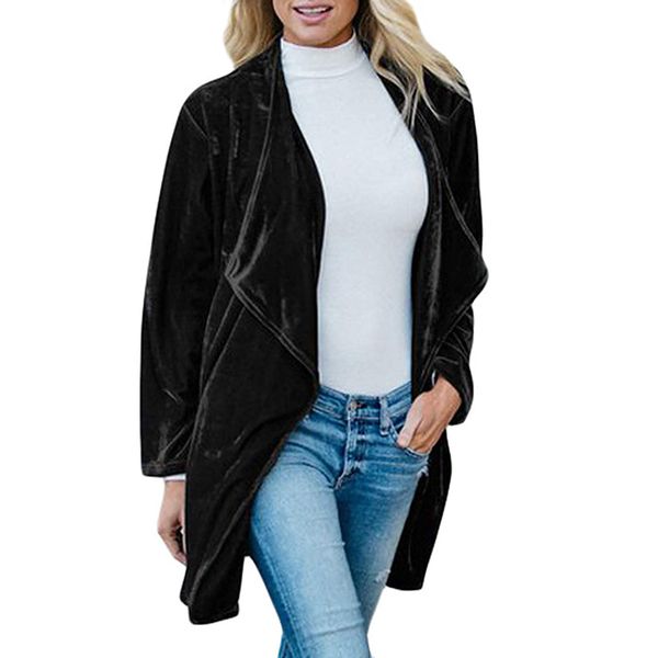 

women trench coat autumn winter solid color long sleeve casual wild gold velvet long cardigan trench, Tan;black