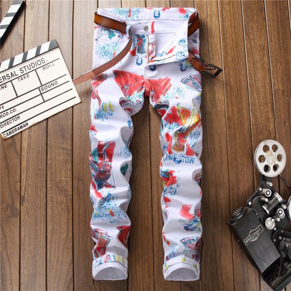 

fashion stretch mens jeans white graffiti printing men slim fit elastic casual denim pants printed nightclub trousers size 29-38, Blue