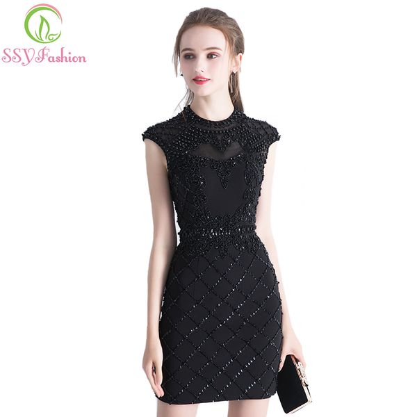 

ssyfashion new luxury black short cocktial dress lace with beading silm backless banquet formal party, White;black