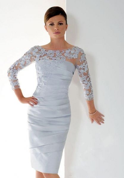 

плюс размер короткие матери невесты платья с рукавами 3/4 длины колена шнурка аппликация складками рюши женщины формальное серебряный вечерн, Black;red