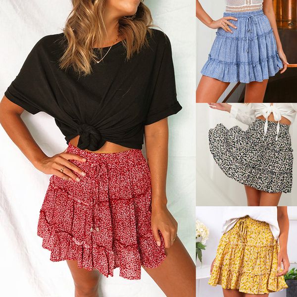 

skirt women summer casual bohe high waist ruffled floral print beach short mini party cocktail skirts flower faldas cortas, Black