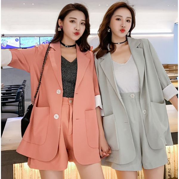 

2019 solid 2 piece set women summer elegant office lady casual suits two piece sets and pants suit, White