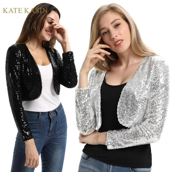 

kk women long sleeve shining sequined jacket open front glitter cropped coat bolero shrug sequin short cardigan coat s-xxl, Black;brown