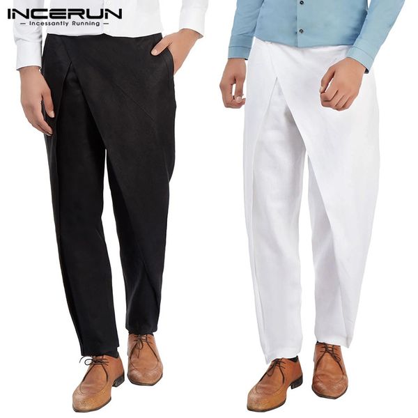 

incerun men fashion solid suit pants joggers streetwear 2019 loose irregular pants casual trousers men button up muslim clothes, White;black