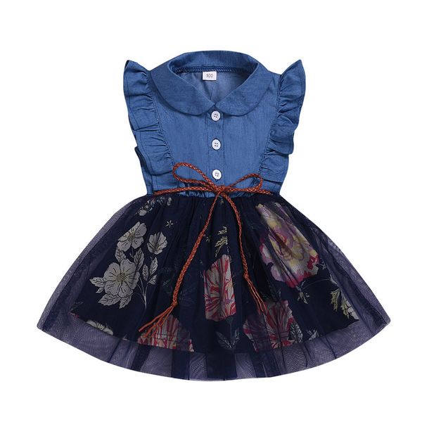 

Toddler Baby Girls Sleeveless Ruffles Floral Print Denim Splice Tulle Dress baby fashion dress gift for girls