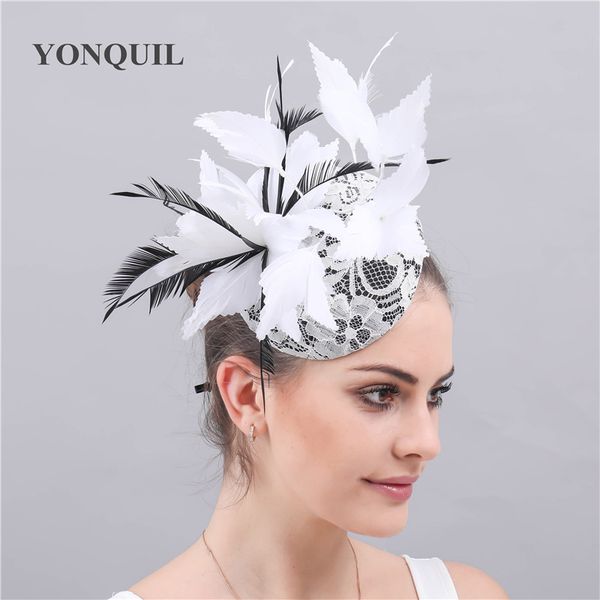 

fancy feathers chapeau wedding hats accessory fascinatos party women hair clips elegant ladies bridal lace bases feathers fedora ship, Slivery;golden