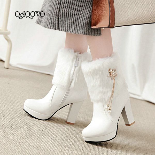 

women flower winter warm fur boots square high heels mid calf boots fashion platform zipper shoes woman black white pink beige